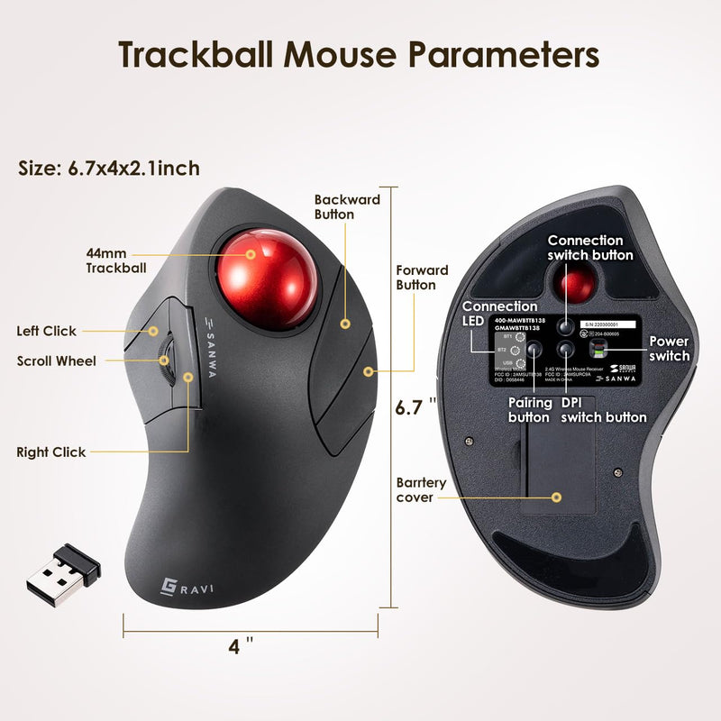 SANWA Bluetooth 5.1 + 2.4G Wireless Trackball Mouse and 44mm Trackball Replacement Ball Bundle, Programmable Rollerball Mouse, Silent Click, 600-1600 DPI, Compatible MacBook, Laptop, Windows, macOS