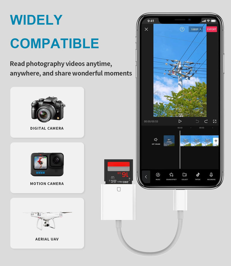 Lightning to SD Card Reader for iPhone, Lightning Camera Adapter Trail Camera Viewer SD Card Camera Memory Card Adapter Compatible with iPhone 14/13/12/11/XS/XR/X/8/7/iPad, Plug and Play White
