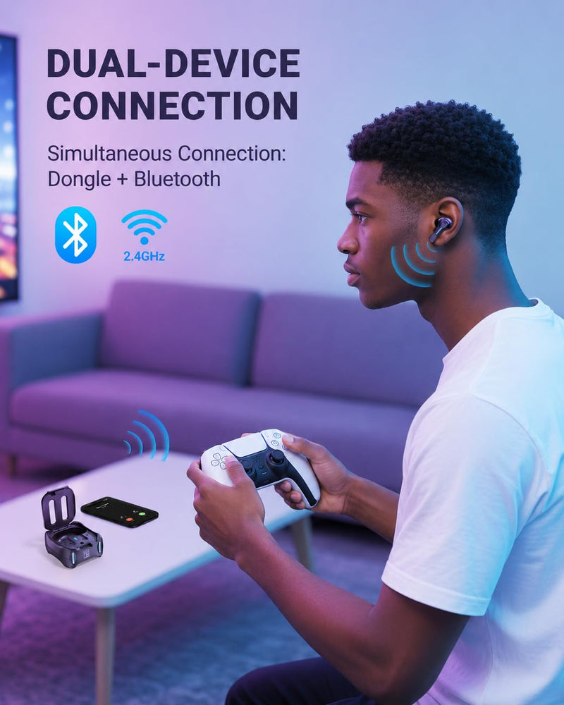 Middle Rabbit SW4 Pro Gaming Earbuds with Mic Wireless, 2.4G Dongle + Bluetooth Dual Mode, 20ms Low Latency, Compatible with PS5, PS4, PlayStation, Desktop&Laptop PC, VR Black