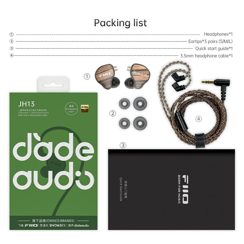 FiiO JH13 Hybrid HiFi IEMs – 1DD + 2BA Drivers, Entry-Level Audiophile in-Ear Headphones with Wooden Faceplate & Detachable 0.78mm 2-Pin Cable (Transparent Black) Transparent black