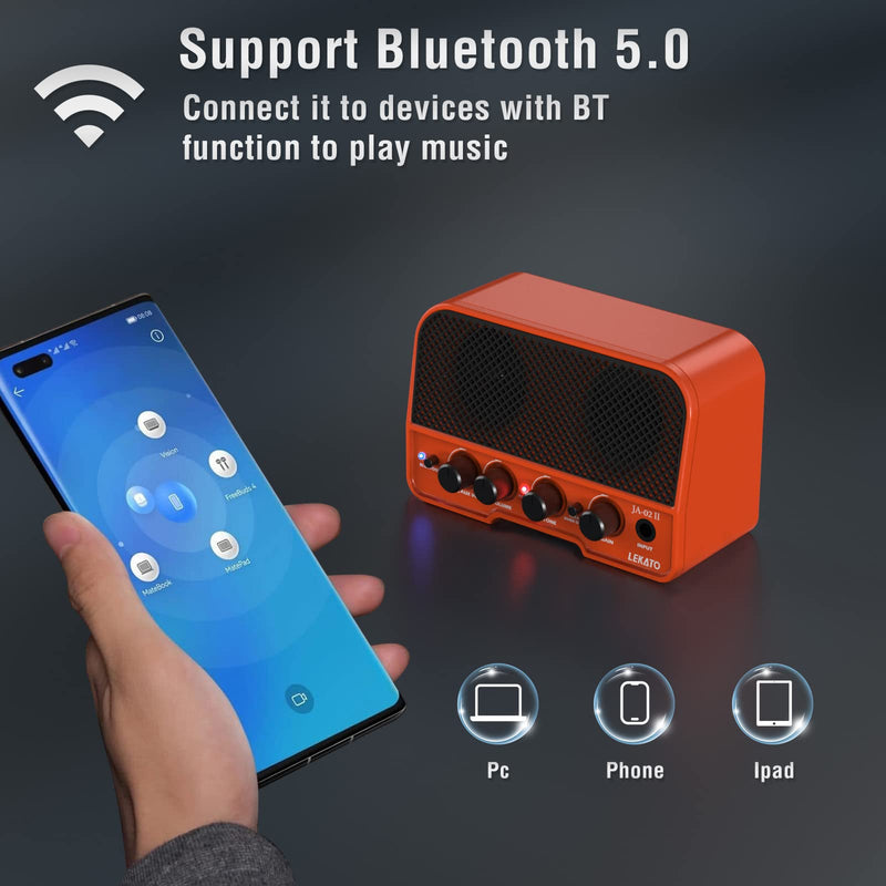 LEKATO Mini Guitar Amp, 5W Rechargeable Electric Amplifier, Clean&Overdrive Effects Bluetooth Guitar Amp Portable for Daily Practice,Orange Orange