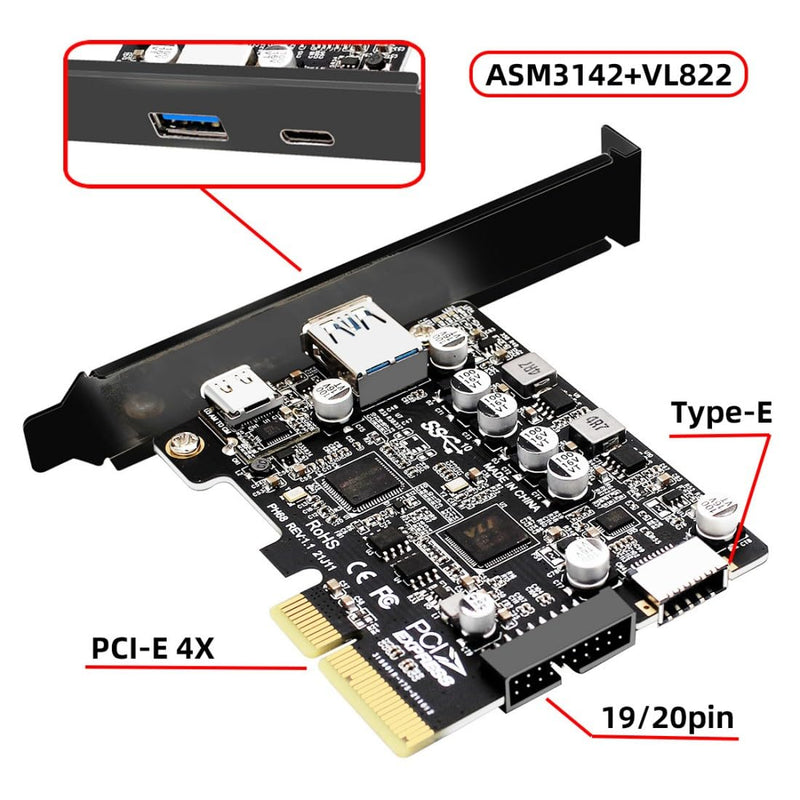 chenyang 4 Port PCI-E 4X to USB A/USB C/USB 3.0 20Pin/USB 3.1 Front Panel Socket USB 3.1 Gen2 PCI Express Expansion Card Adapter with ASM3142 VL822 Dual Chipset 4 Port USB 3.0/USB C/USB 20Pin/USB 3.1