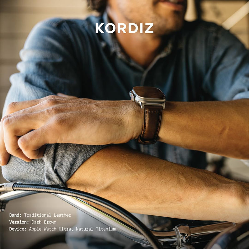 KORDIZ Traditional Leather Band for Apple Watch ULTRA 3, ULTRA 2/1 & Series 11, 10, 9, 8, 7-1, SE3, SE2, SE - Genuine Full Grain Leather Wristband - Men Women Replacement Band for iWatch Apple Watch [ 49mm 46mm 45mm 44mm ] ULTRA Silver 49mm | Dark Brown