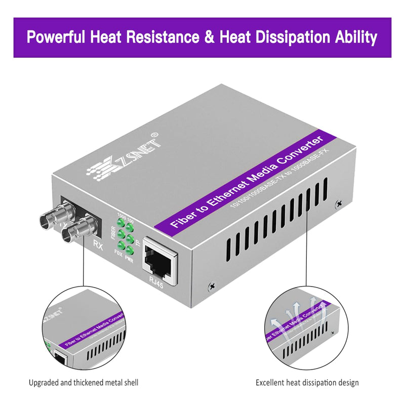 A Pair of Gigabit ST to RJ45 Converter, Multi-Mode Fiber to Ethernet Media Converter (Built-in Module, 850nm, 550m), Plug & Play, 10/100/1000 Base-T Compatible, Auto-Negotiation, Jumbo Frame Multimode ST 550m 850nm