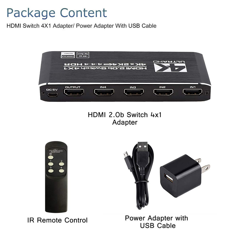 [AUSTRALIA] - 4K HDMI Switch 4x1, 4 Port HDMI Selector Switcher 4 in 1 Out with IR Remote Control Support 4K@60Hz, 4Kx2K, HDR, HDMI 2.0b, HDCP 2.2, 3D, 1080P Deep Black 