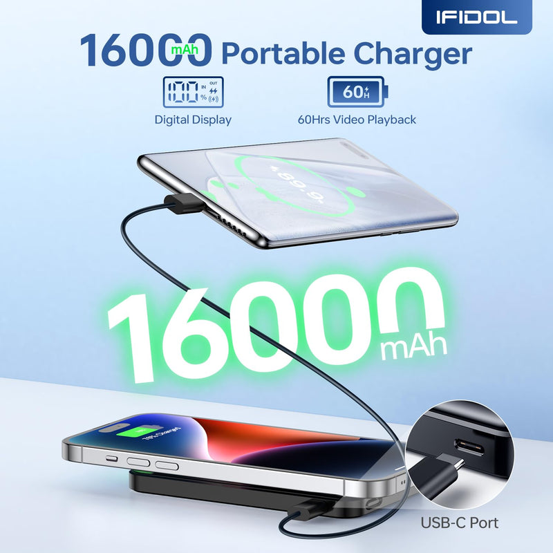 for Magsafe Battery Pack, Wireless Portable Charger for iPhone, (16000mAh) Magnetic Power Bank with (22W) USB-C Fast Charging for iPhone 16/16 Pro/ProMax, iPhone 15 14/13/12 Series - Black