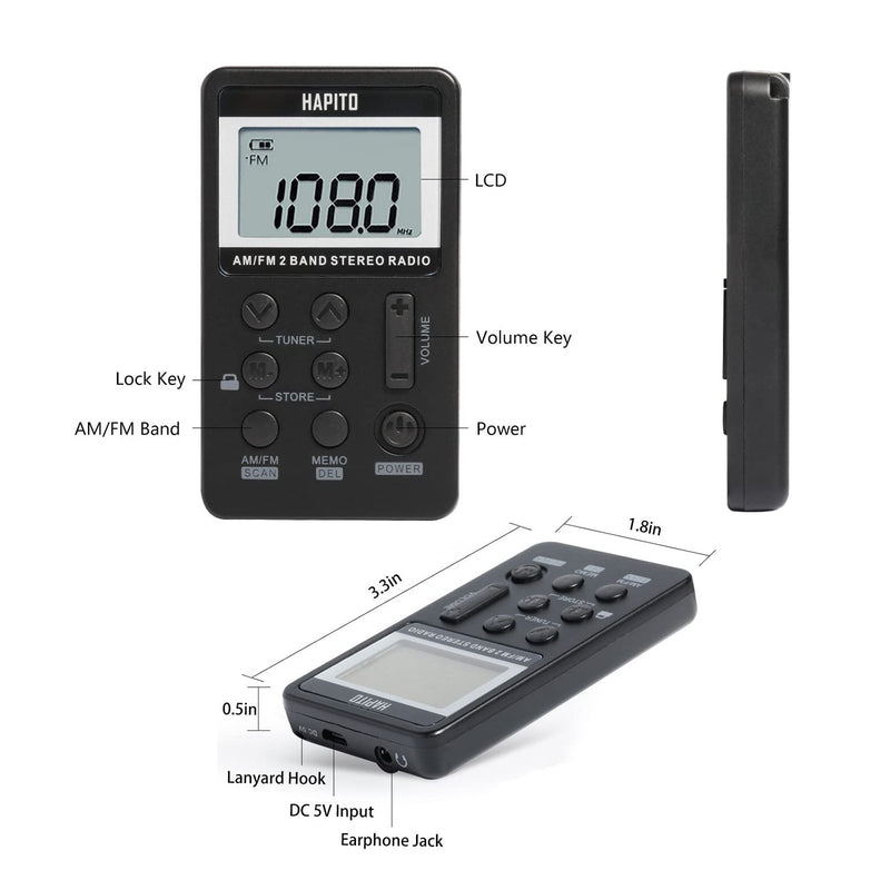 Pocket AM FM Radio Portable Digital Tuning Radio with Best Reception - Hapito Personal Small Transistor radios with Sterio Earphone, Rechargeable Battery and Lock Screen for Walk/Gym (Black) Black