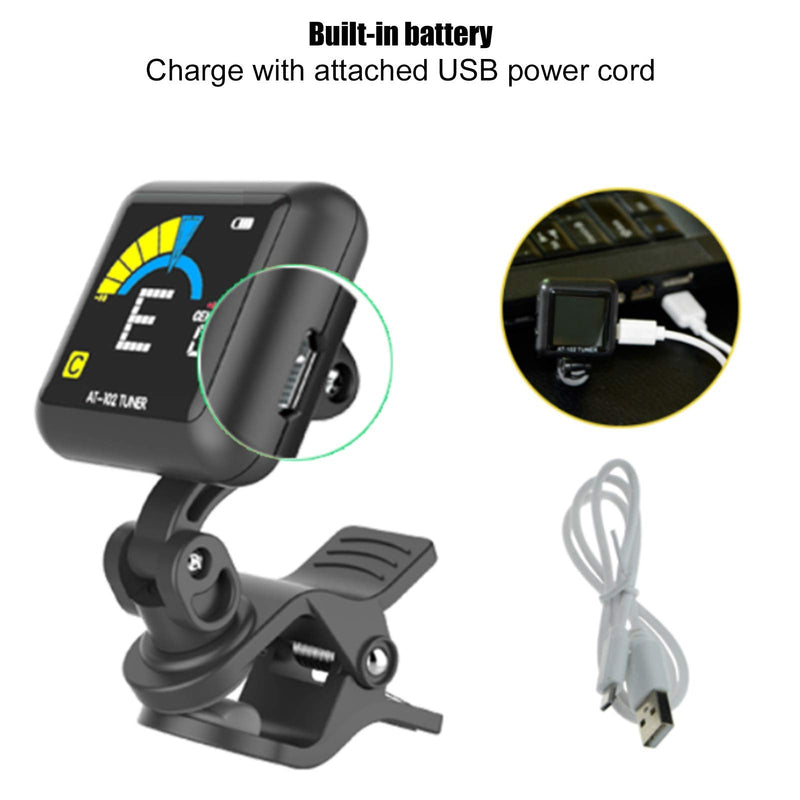 Guitar Tuner Clip On Violin Tuner USB Rechargeable with Color Display for Acoustic Electric Guitar Bass Ukulele Viola All Instruments(AT-102 Black) AT-102 Black