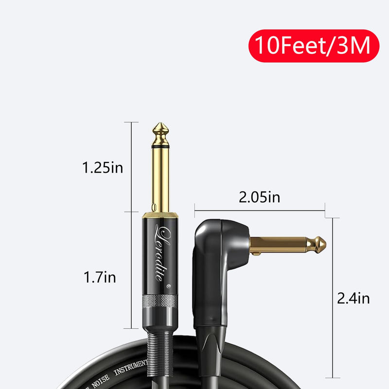 1/4 Inch TRS Instrument Cable 10 ft with Mute Plug Ends, Right Angle to Straight 6.35mm Silent Instrument Cable with no pop for Electric Guitar, Bass, Keyboard, Mixer, Amplifier, Speaker, Pro Audio