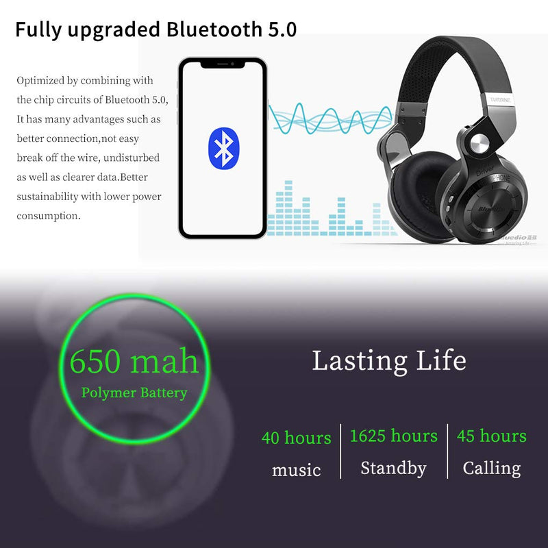 Bluedio Bluetooth Headphones Over Ear, Lightweight Rotary Folding Wireless Headphones with Micro 40 H Music Time Headset with SD Card Slot/FM Radio and Storage Bag (Black T2+) Black T2+