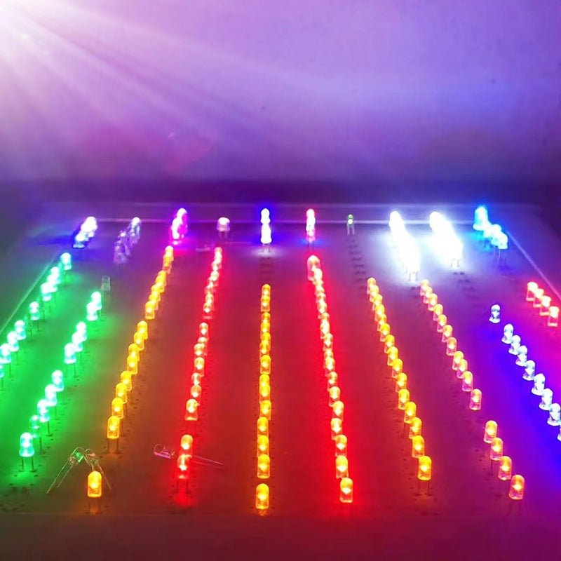 AQSQWQ Pack of 200 LED Light Emitting Diodes 5 mm LED Diodes 3 V Light Emitting Diode Assortment Kit 5 Colours Red Blue Yellow Green White Round Head 2 Pin Extra Bright LED Light, Diffuse Diodes Set