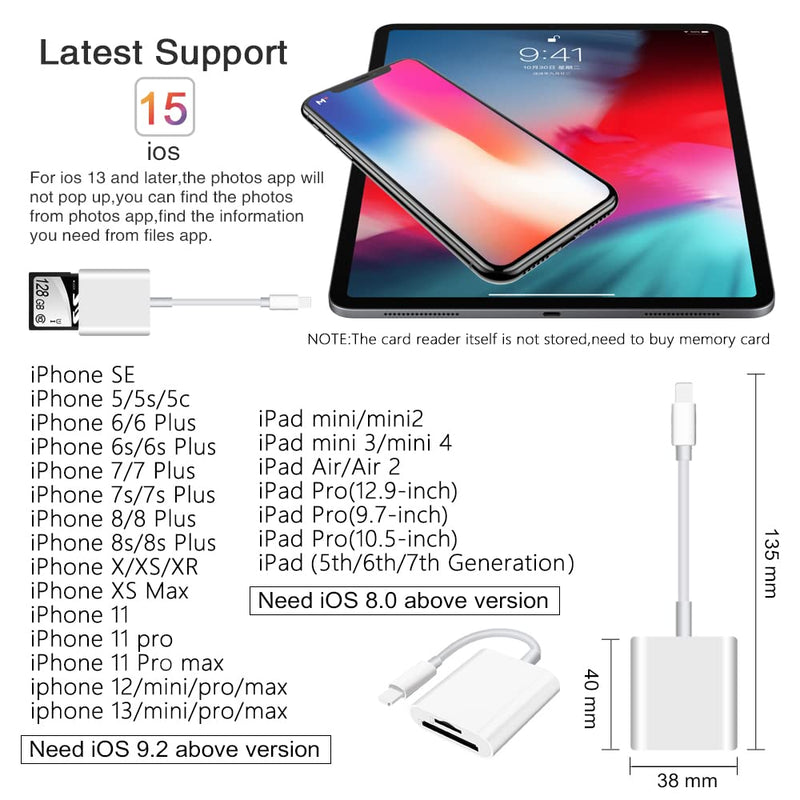 Sd Card Reader for iPhone iPad Camera,Dual Card Slot Memory Card Reader Supports SD and TF Card Trail Camera Viewer Sd Card Adapter Portable Micro Sd Card Reader No Application Required Plug and Play