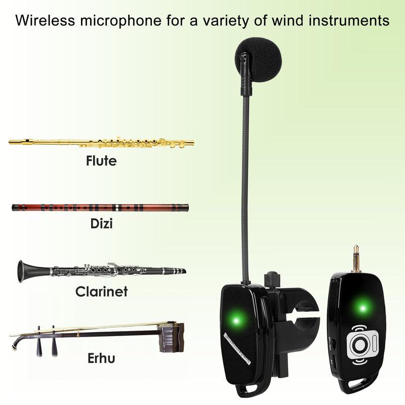 Wireless Flute Microphone for Instrument System: 2.4G Cordless Professional Mic Wind Music Instruments Microphone Receiver and Transmitter, 160ft Range for Flute, Piccolo, Clarinet