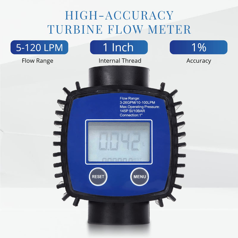 [AUSTRALIA] - Digital Flow Meter, 5-120 L/Min 1 Inch Turbine Flow Meter with LCD Display, 1% Accuracy Diesel Fuel Flow Meter for Alcohol, Petrol, Chemical Liquids 