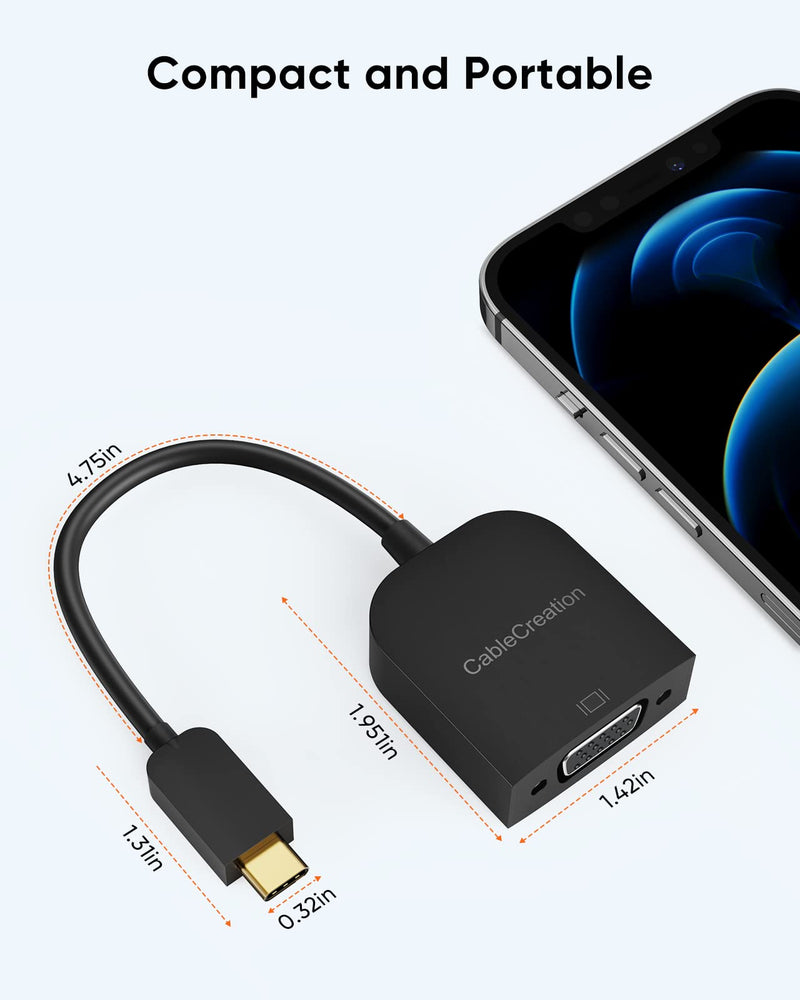 USB C to VGA Adapter 1080P@60Hz, CableCreation Type C to VGA Converter Thunderbolt 3/4 Compatible with MacBook Pro 2020/2018, Mac Mini, Surface Book 2, Dell XPS 13/15, iPad Pro 2020, Galaxy S20/S10 Black+Plastic Shell