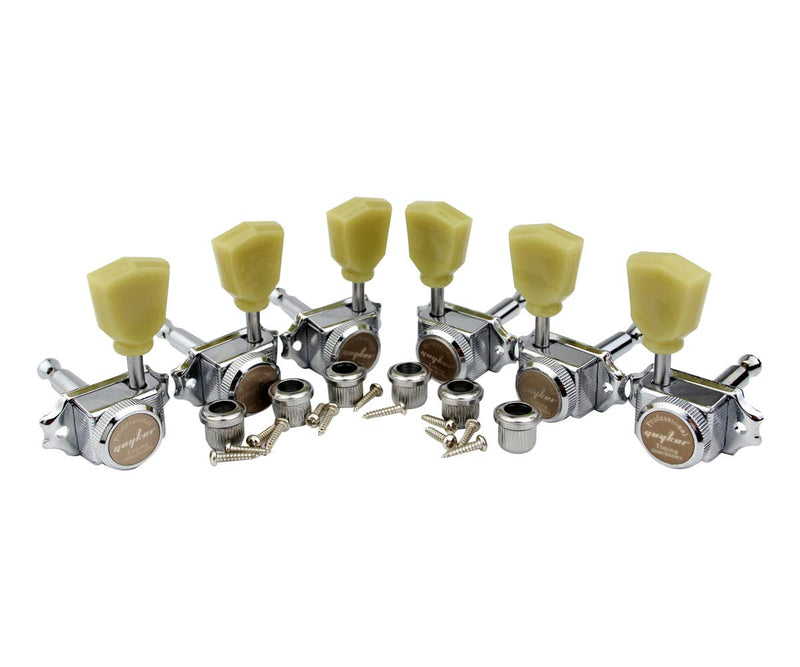 Guyker 3x3 Vintage Style Locking Guitar Machine Heads – 1:15 Ratio Lock String Deluxe Tuning Key Pegs Tuners Set Replacement for Electric, Acoustic or Folk Guitars - Chrome Chrome - Yellow Green Handle
