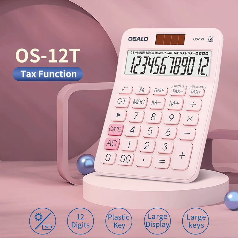 Pocket Small Size Desk Calculator, 12 Digit Large LCD Display, Basic Tax Function Handheld Desktop Calculator with Solar Battery Dual Power, Perfect for Office, School, Business OS-12T (Pink) 12T-Pink