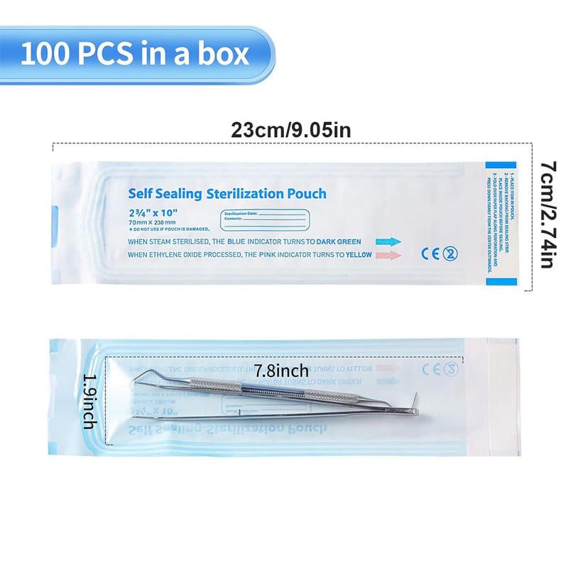 WUSJCOF 100 Sterile Bags for Autoclave, Self-Adhesive Bags for Disinfecting, Sterilisation Bags for Nail Salon, Used for Dental Instruments and Nail Care, 70 x 230 mm