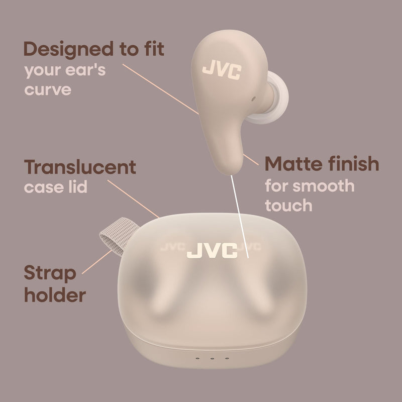 JVC Gumy Premium True Wireless Earbuds Noise Cancelling, Bluetooth 5.4 Headphones 26H Battery, ANC Ambient Mode, Gaming Low Latency, USB-C Case Mocha