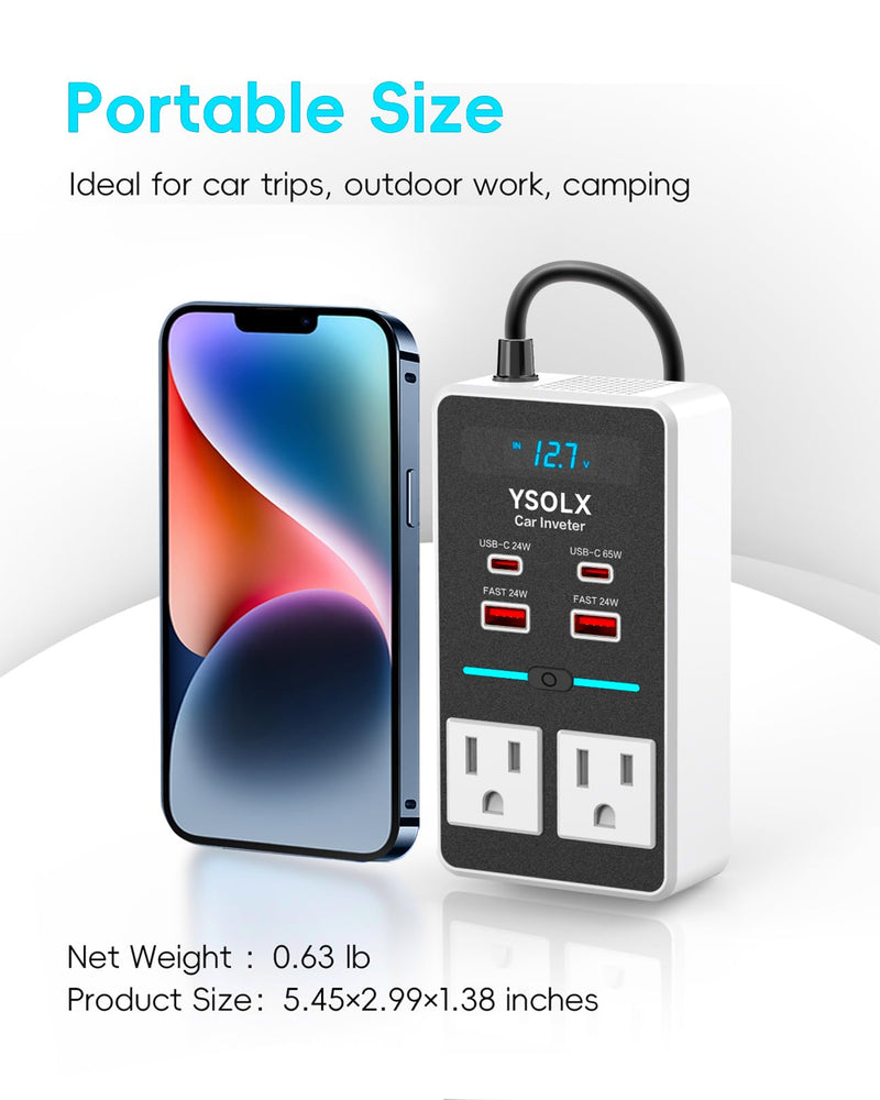 YSOLX 300W 12V to 110V Car Power Inverter | 65W USB-C,4 USB Post,Dual AC Car Plug Adapter Outlet,LED display.Suitable for Car Trips, Camping,Laptop white