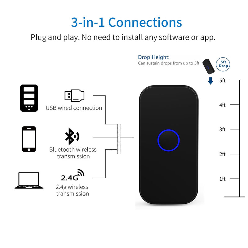 [AUSTRALIA] - Bluetooth 2D Wireless Barcode Scanner,Symcode 3-in-1 USB Wired & 2.4G Wireless & Bluetooth 4.1 1D QR Image Bar Code Reader Scanner 2D QR Bluetooth Scanner 