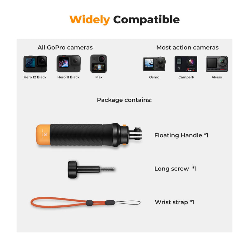 K&F Concept Waterproof Floating Hand Grip, Fast-Release Design Compatible with GoPro, Bottom 1/4 Interface for Most Other Action Cameras, Anti-Slip Handle, Wrist Strap for Water Sports