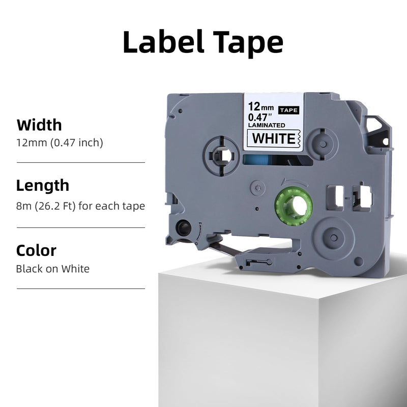 [AUSTRALIA] - Replacement for Brother P Touch Label Tape, Tape 12mm 0.47 Laminated Black on White Tape, Compatible with Brother PT-D210 D410 H110 D220, 6-PK 