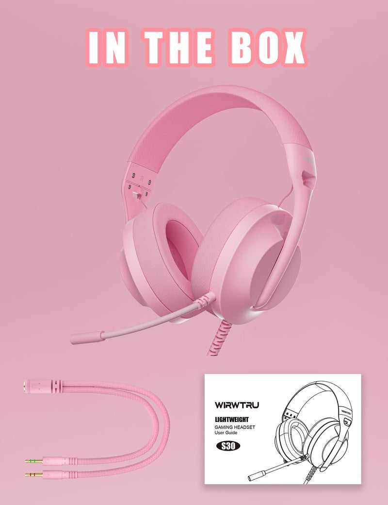 [AUSTRALIA] - WIRWTRU S30 Gaming Headset with Microphone,198g Lightweight Design, Wired Gaming Headphones for Xbox, Xbox Series X|S, PS5, PS4, Switch, PC, Noise Cancelling Mic, Soft Earmuffs (Pink) Pink 