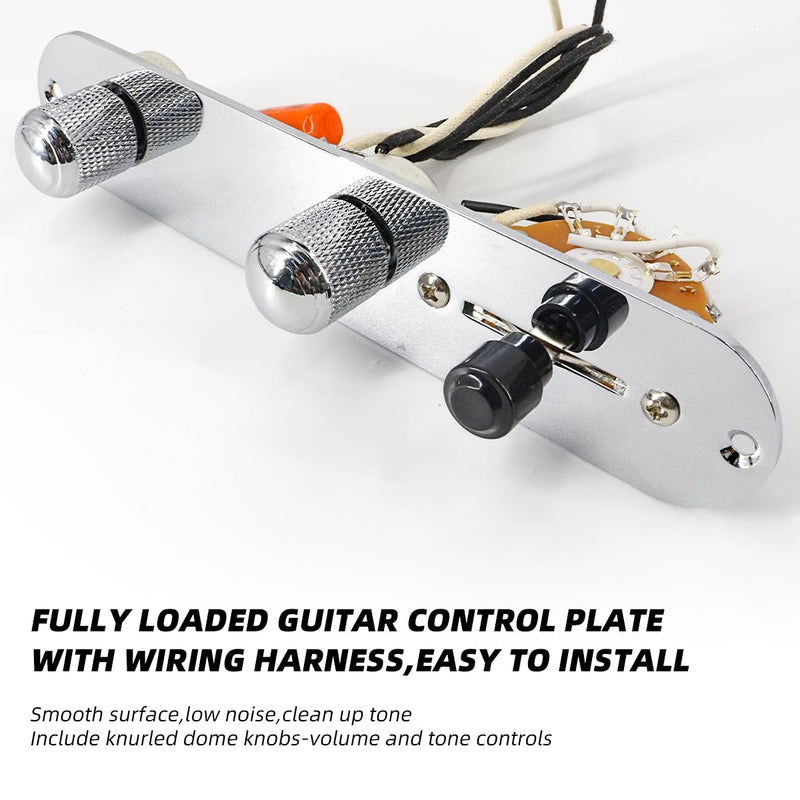 Fully Loaded Guitar Control Plate Prewired 3-Way Switch 250K Large Potentiometers Knurled Volume Tone Controls Knobs for Tele/Telecaster Electric Guitar Parts Replacement (Chrome) Chrome