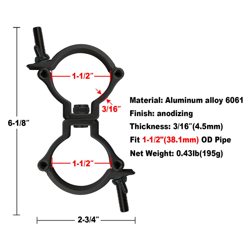 4-Pack 1-1/2" Black Truss Swivel Coupler, Aluminum Dual Swivel Clamp fits O.D. 38.1mm Tubing for Stage Lighting and Equipment,Max Load 75KG