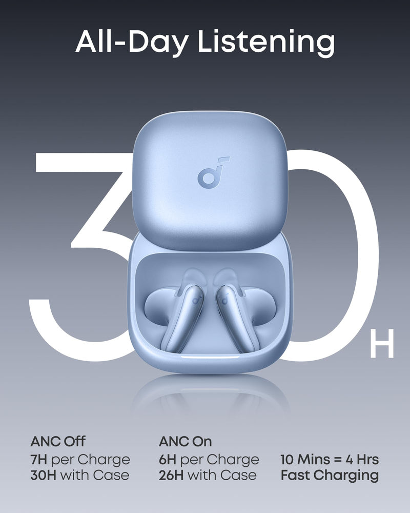 Soundcore Liberty Buds by Anker Wireless Earbuds with Adaptive ANC | Semi-in-ear design with removable ear fins, fast charging, translation support, and up to 30 hours of playtime. Light Blue