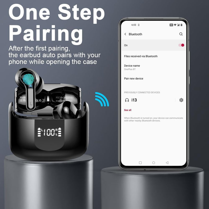 Wireless Earbuds, 2026 Bluetooth 5.4 Headphones NEW Ear Buds 40H Bass Stereo in-Ear Earphones ENC Noise Cancelling Earbuds with 4 HD Mic, USB-C LED Display IP7 Waterproof Sport Headset for Android iOS Dark Black