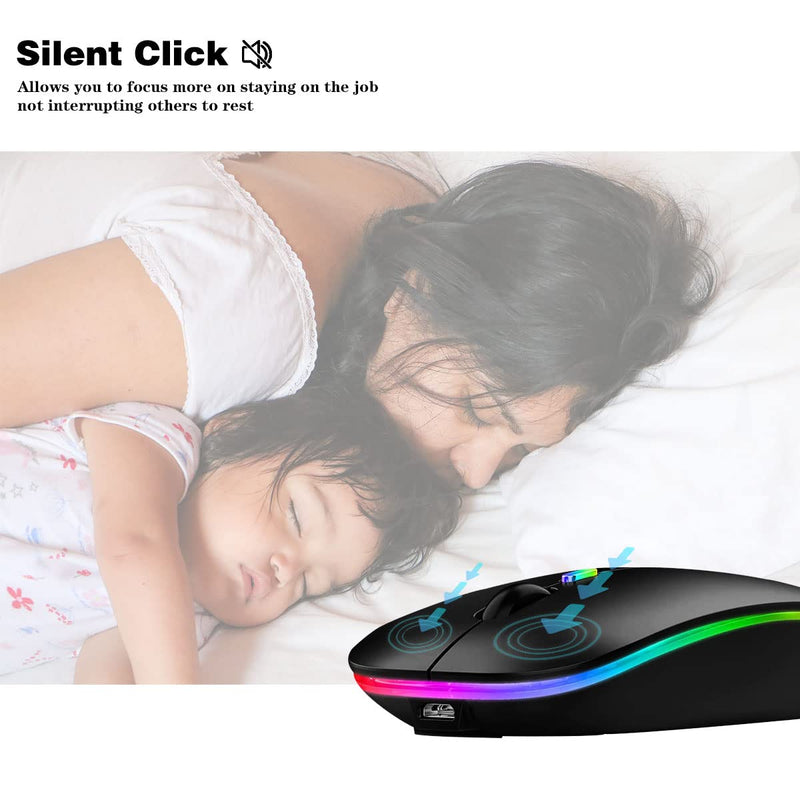 Wireless Bluetooth Mouse,LED Rechargeable Silent Slim Laptop Mouse,Portable(BT5.2/3.0 and USB 2.4G) Dual Mode Computer Mice,for Apple Laptop,ipad Tablet,Desktop,Mac,Phone. (Black Mouse) Black Wireless Bluetooth Mouse