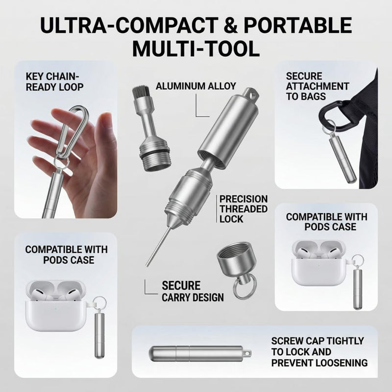 SIM Card Ejector Tool 2-in-1 Compact Metal Capsule with Removable Brush and Keyring Storage for Smartphones Tablets Travel, Silvery