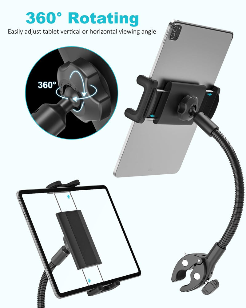 Spin Bike Tablet Holder, Metal Gooseneck Treadmill Tablet Mount, Anti-Shake Treadmill Tablet Mount, Stationary Elliptical Handlebar Clamp for iPad Pro 13 12.9 Mini Air, Tab, Z Fold,4-13" Device