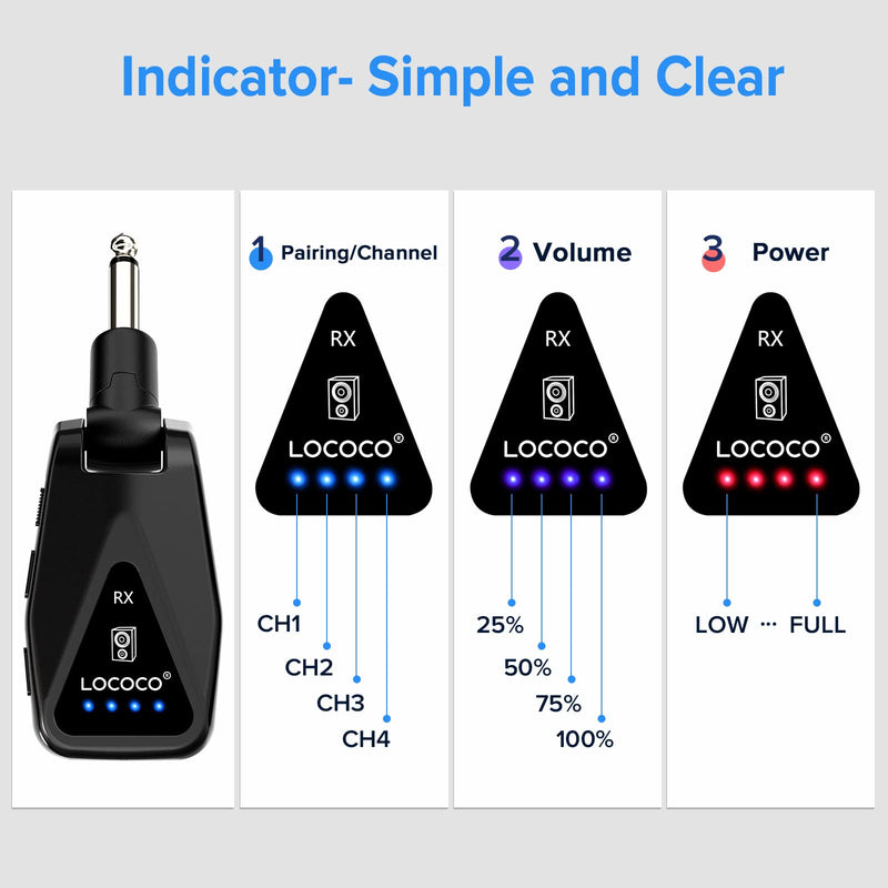 Wireless Guitar System Transmitter Receiver: UHF Cordless 164 Feet Range - 6 Channels USB-C Rechargeable Audio, 220° Rotatable Plug Design for Guitar Bass and Electric Instruments (Black) black