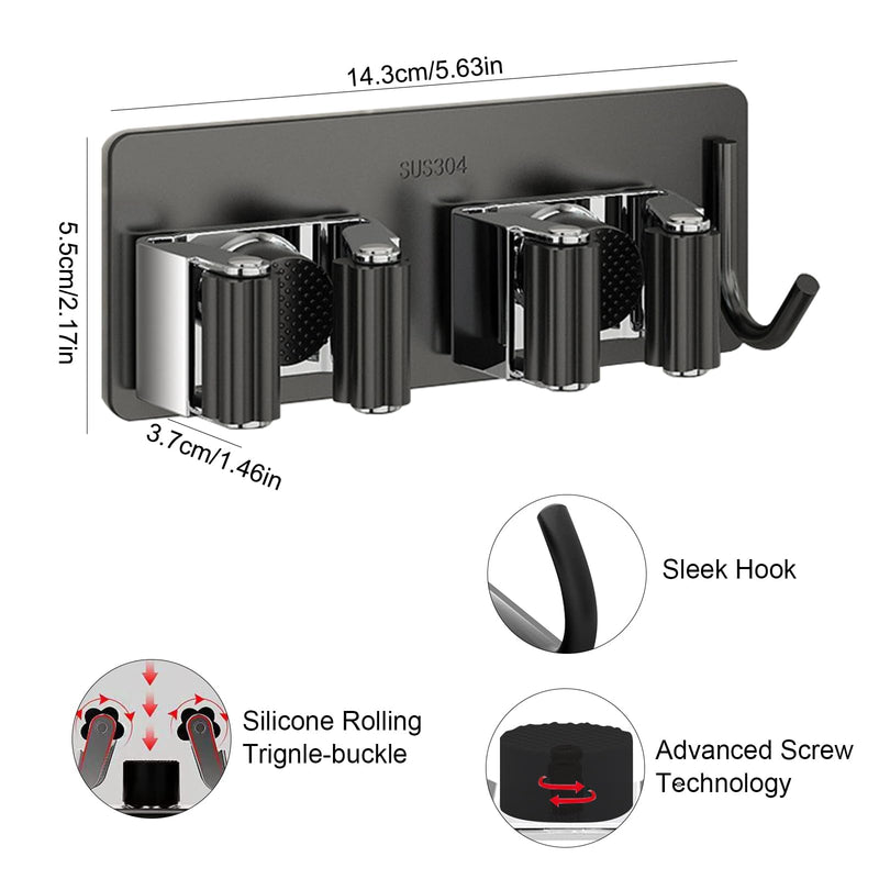 HTRTRR Broom Holder Wall 2 Pieces, 3 in 1 Tool Holder Stainless Steel Garden Tool Holder Wall Mount Self-Adhesive Broom Holder for Kitchen, Home, Bathroom, Garage, Garden