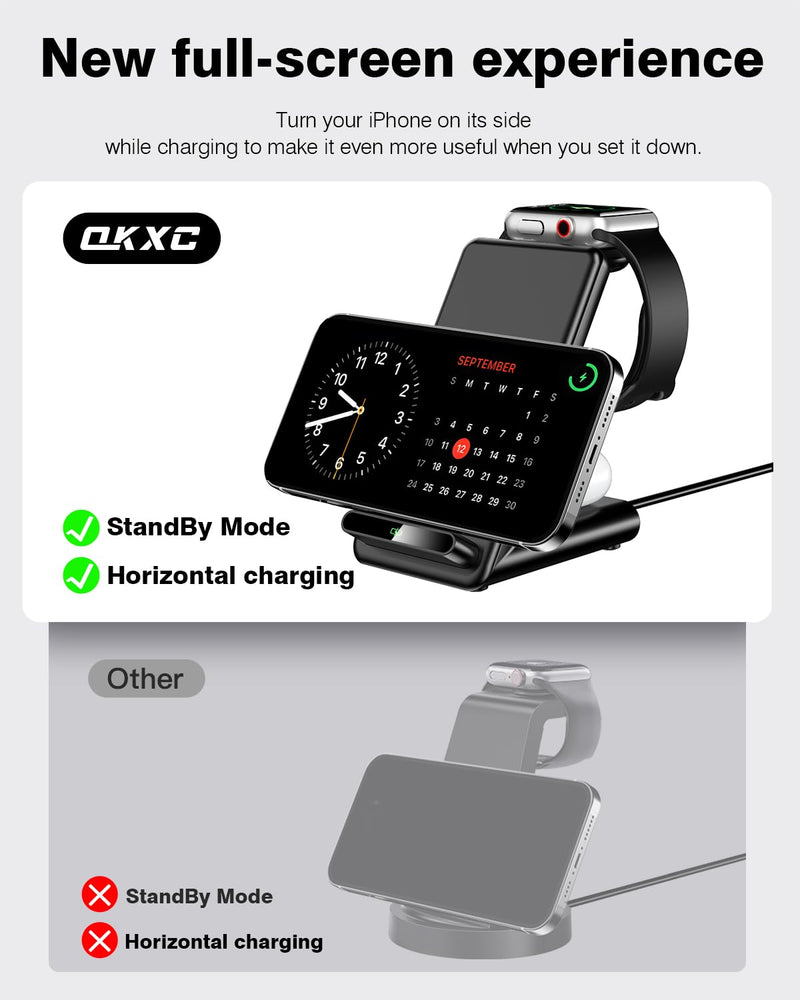 Wireless Charging Station,3 in 1 Wireless Charging Stand Made for Apple Watch Ultra 9 8 7 6 SE 5 4 3,Fast Wireless Charger Made for iPhone 15/Plus/Pro Max/14/13/12/11/X,for AirPods Pro(with Adapter) Black