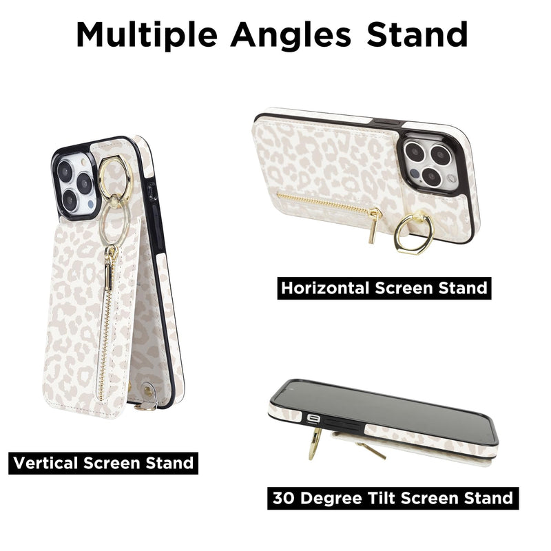 uCOLOR for iPhone 15 Pro Max Wallet Case with Card Holders for Women, Crossbody Zipper Protective Leather Case with Strap Wrist Ring RFID Kickstand Designed for 15 Pro Max 6.7“ (Beige Leopard) iPhone 15 Pro Max 6.7" Beige Leopard