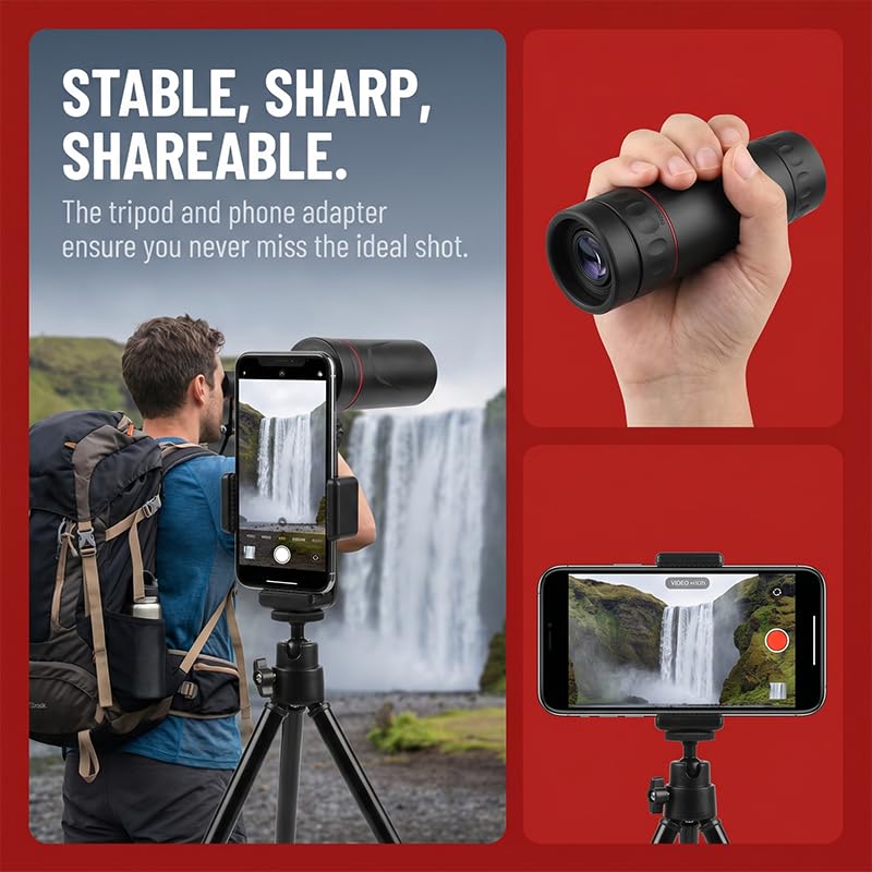 Compact Monocular Telescope, Phone Clip & Tripod, Portable High Definition Monocular for Outdoor Bird Watching, Concerts, and Travel