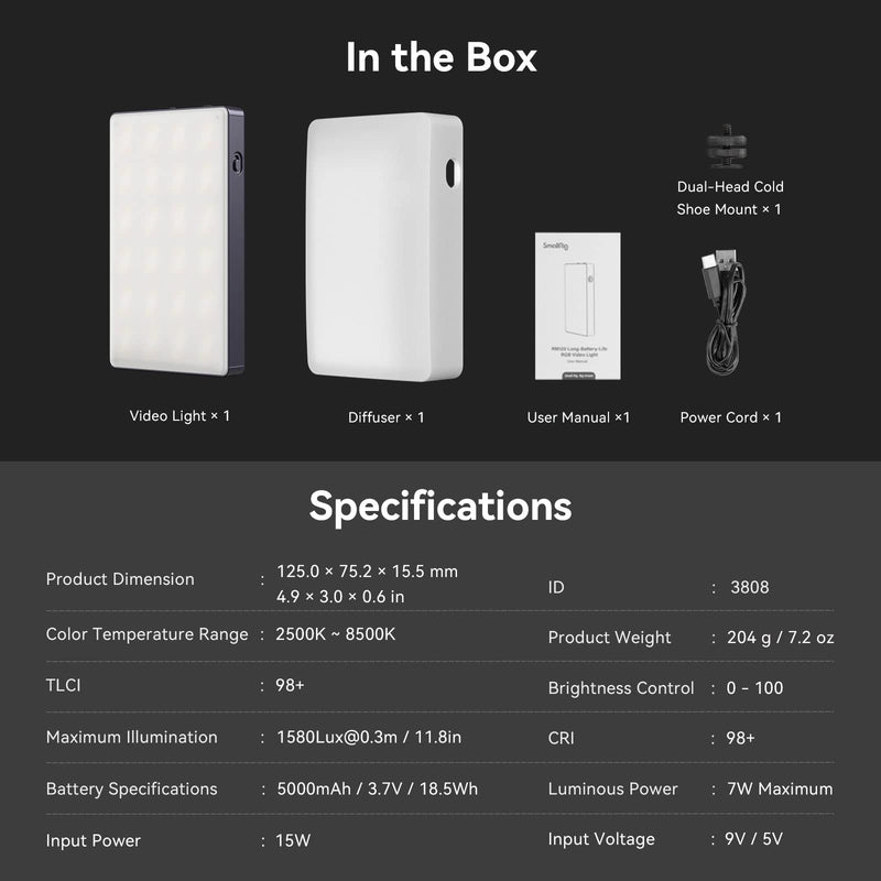 [AUSTRALIA] - SmallRig RM120 RGB Video Light, 5000mAh 180 Minutes Portable Camera Light 7W Output Power, LED Video Light Panel, 2500-8500K CRI TLCI 98+ for TikTok, Content Creator, Photographer 