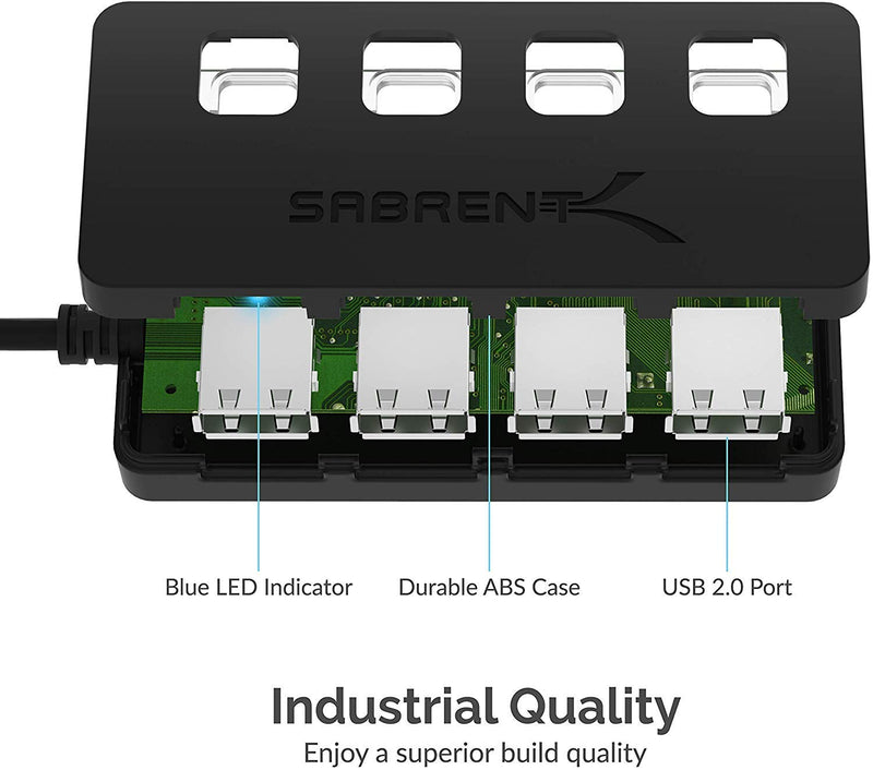 SABRENT 4-Port USB 2.0 Data Hub, LED Power Switches (HB-UMLS) | Individual LED-lit power switches; data only (charging not supported); for Mac & PC USB-A 4-Port