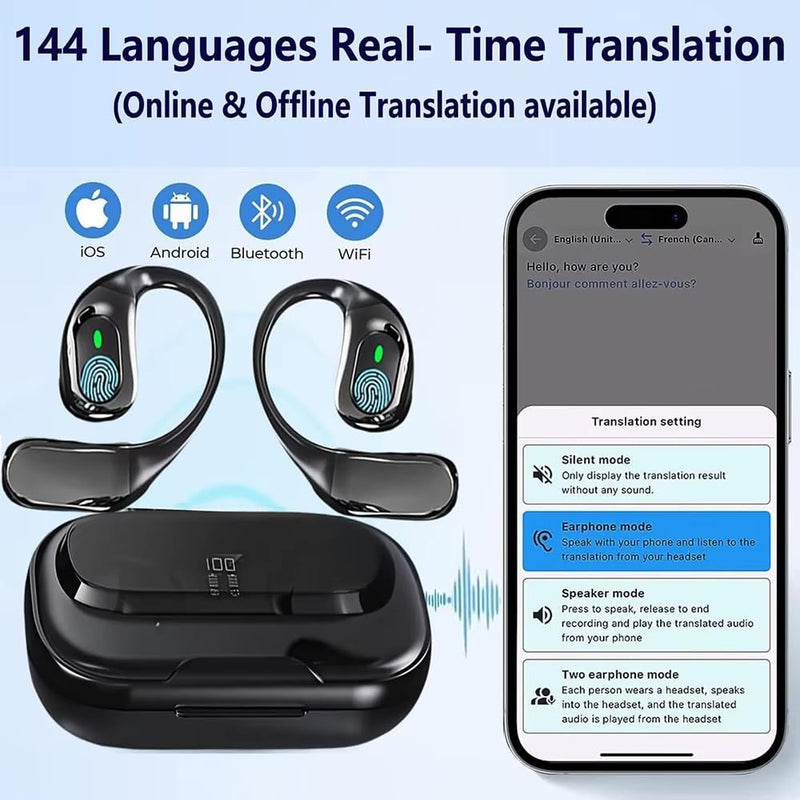 Smart Language Translator Earbuds, 144 Languages Real-Time Translation, Wireless Bluetooth Earphones with Charging Case, iOS Android Compatible, Online Offline Mode