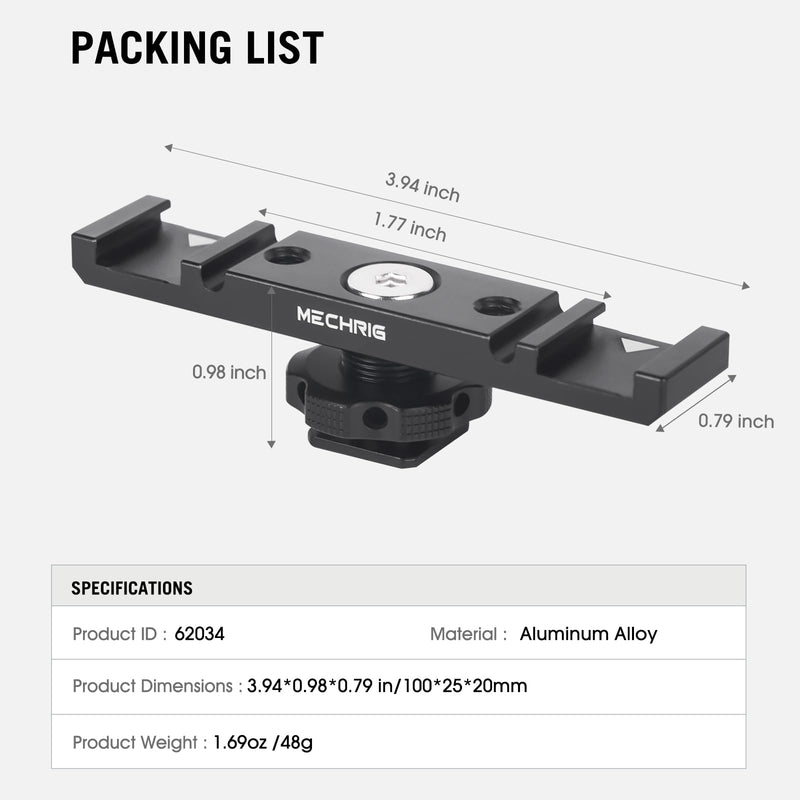 [AUSTRALIA] - Dual Cold Shoe Extension Bar Mount, Aluminum Dual Hot Shoe Mount Bracket with 1/4" Thread & Cable Slot, Cold Shoe Bracket for DSLR Camera LED Video Light Microphone Monitor (62034) 
