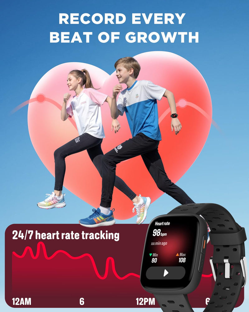 BIGGERFIVE Kids Watch No Phone Needed, 1.8" Amoled Smart Fitness Watch | Pedometer, Heart Rate, Sleep Tracker, 30m Waterproof, Step Counter, Games, 100+ Dials, Gifts for Boys Girls 5-16, Black
