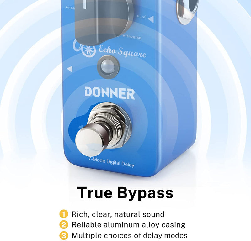 Donner Echo Square Delay Pedal - Digital 7-Modes Delay for Electric Guitar, Multi-Delay including Digital, Analog, Tape, Mod, Sweep, Lofi, Reverse - True Bypass Blue Digital Delay