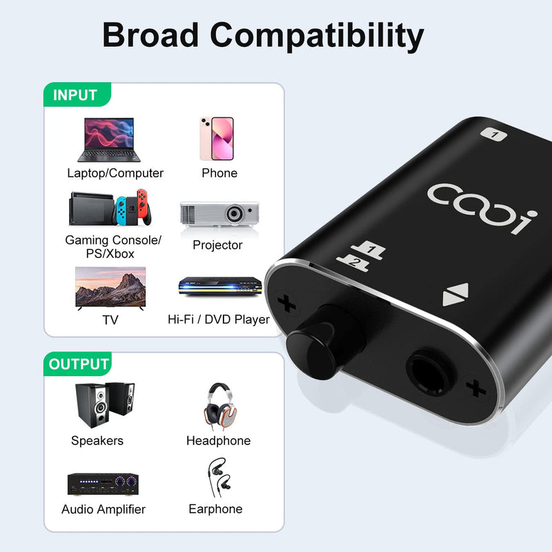 3.5mm Stereo Audio Switcher（1 in 2 Out /2 in 1 Out） with 3.5mm Audio Cable, 2 Ports AUX Audio Speaker Selector for PC Phone Laptop Headphone