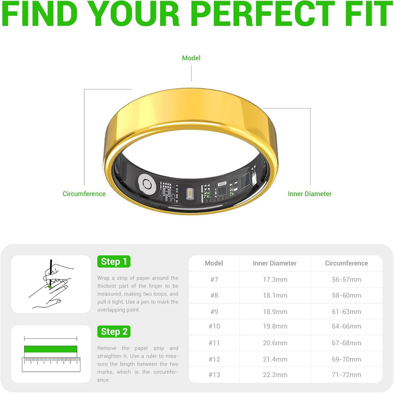 Smart Ring - Free Heart Rate SpO2 Sleep Tracker | No Subscription | IP68 Waterproof Fitness Tracker | 24/7 Activity Monitor | Step Counter & Stress Tracking | Sleep & Workout (Gold, 8) Gold