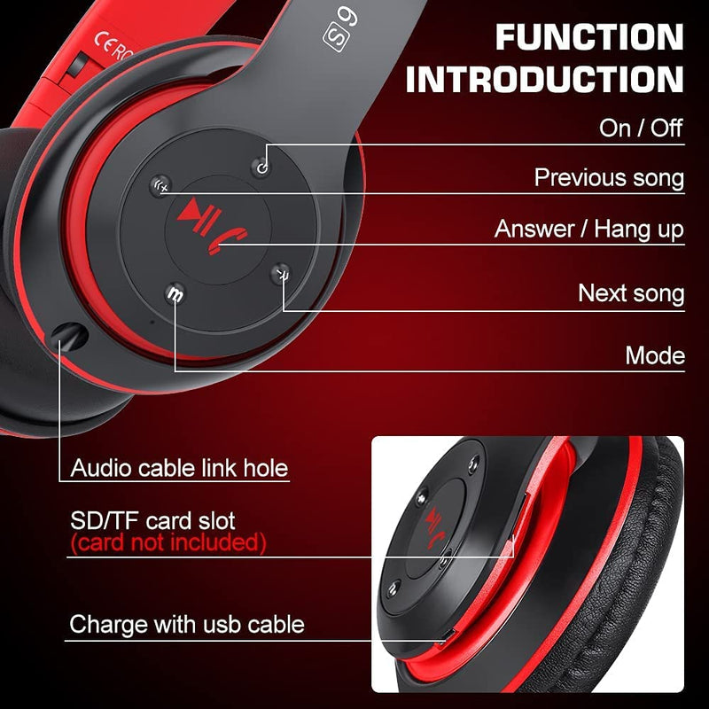 6S Bluetooth Headphones Over-Ear, Hi-Fi Stereo Foldable Wireless Stereo Headsets Earbuds with Built-in Mic, Volume Control, FM for iPhone/Samsung/iPad/PC (Black & Red) Black & Red
