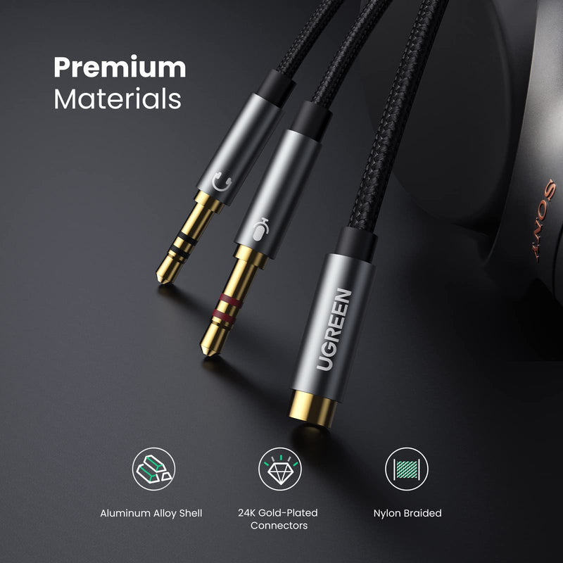 UGREEN Headphone Splitter for Computer 3.5mm Female to 2 Dual 3.5mm Male Braided Audio Splitter Cable Microphone Stereo Jack Earphones Port Cord Gaming Headset to PC Laptop Adapter Black